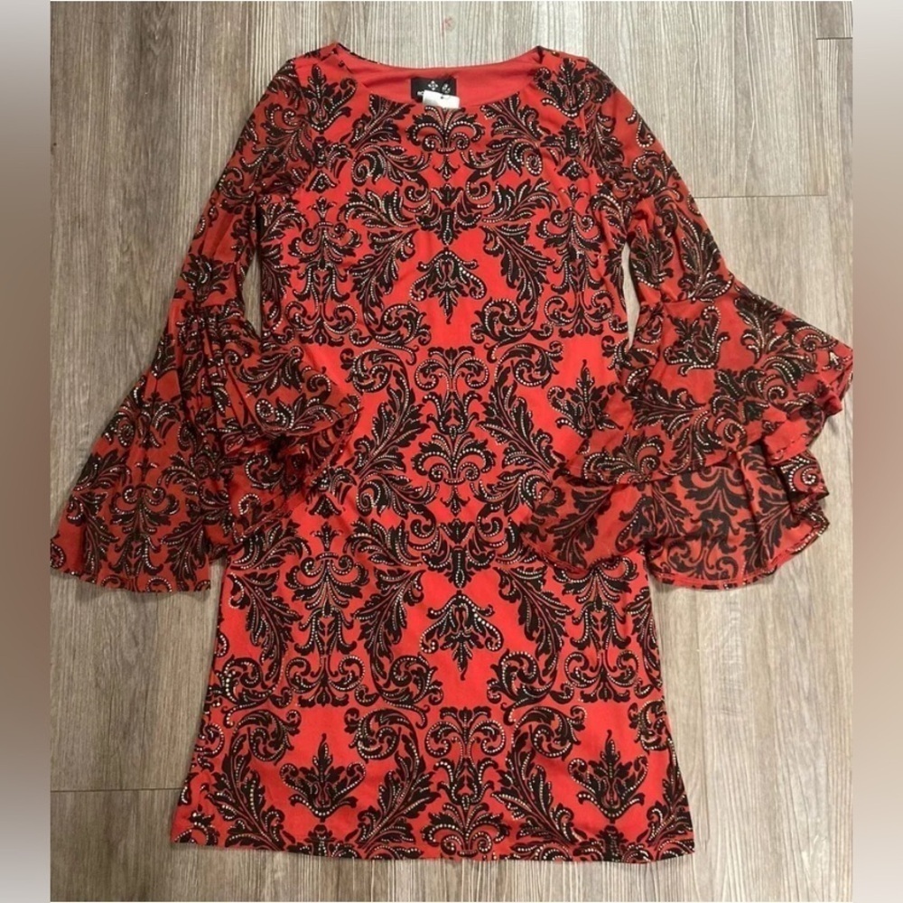 Vintage Ronni Nicole Holiday Dress Women 6 Black Red Gold Cocktail Bell Sleeve